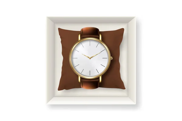 Reloj de pulsera unisex vintage clásico dorado realista del vector 3d con números romanos en caja de papel Icono primer plano aislado sobre fondo blanco. Plantilla de diseño de reloj de pulsera de cuero. Vista superior — Archivo Imágenes Vectoriales