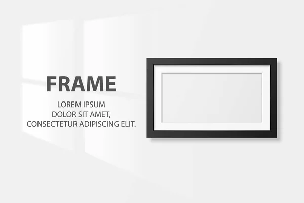 Vector 3d Realistic Black Horizontal Wooden Simple Modern Frame Icon Closeup Isolated on White Wall Background with Window Light. 프레젠테이션에 사용 할 수있습니다. 디자인 템플릿, 모크, 프런트 뷰 — 스톡 벡터