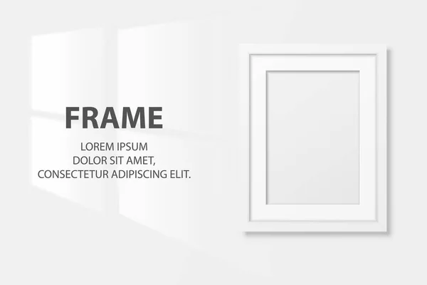 Vector 3d Realistic White A4 Wooden Simple Modern Frame Icon Closeup Isolated on White Wall Background with Window Light. 프레젠테이션에 사용 할 수있습니다. 디자인 템플릿, 모크, 프런트 뷰 — 스톡 벡터