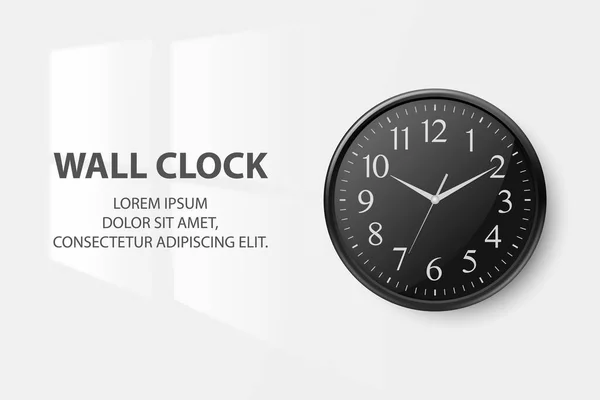 Vector 3d Realistic Simple Round Black Wall Office Clock mit schwarzem Zifferblatt Nahaufnahme isoliert auf weißem Hintergrund. Design-Vorlage, Mock-up für Branding, Werbung. Frontansicht — Stockvektor