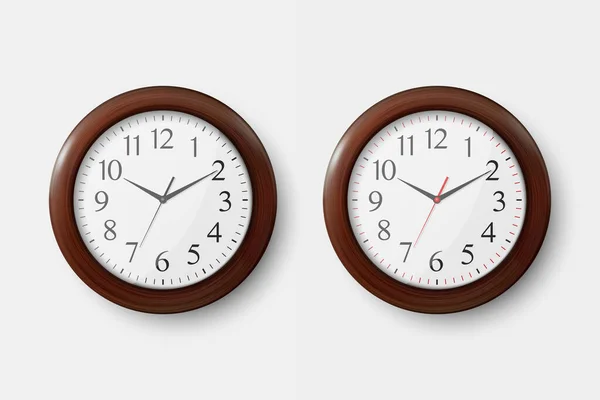Векторные 3D реалистичные простые круглые деревянные настенные часы с белым набором значков на белом фоне. Design Template, Mock-up for Branding, Advertise. Вид спереди или сверху — стоковый вектор