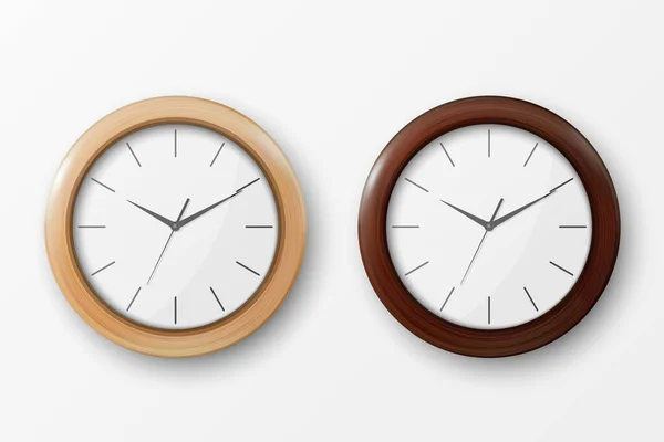 Vecteur 3d réaliste simple ronde Horloge murale en bois de bureau avec cadran blanc Icône Set Closeup isolé sur fond blanc. Modèle de conception, Maquette pour Branding, Publicité. Vue avant ou supérieure — Image vectorielle