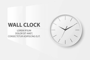 Vector 3d Realistic Simple Round White Wall Office Clock with White Dial Closeup Isolated on White Background. Design Template, Mock-up for Branding, Advertise. Front View clipart