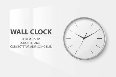 Vektör 3d Gerçekçi Basit Yuvarlak Gümüş Duvar Ofis Saati Beyaz Arka planda Beyaz Çevirmeli Kapalı Kapalı. Tasarım Şablonu, Marka Model, Reklam. Ön Görünüm
