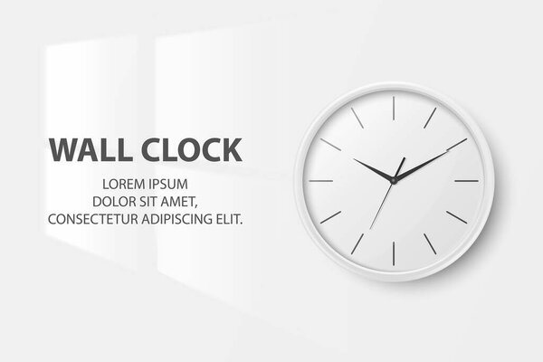 Vector 3d Realistic Simple Round White Wall Office Clock with White Dial Closeup Isolated on White Background. Design Template, Mock-up for Branding, Advertise. Front View