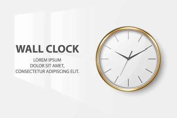 Vector 3d Realistic Simple Round Golden Wall Office Clock with White Dial Closeup Isolated on White Background. Design Template, Mock-up for Branding, Advertise. Front View — Stock Vector