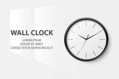 Vektör 3d Gerçekçi Basit Siyah Duvar Ofis Saati Beyaz Arka planda Beyaz Çevirmeli Kapalı. Tasarım Şablonu, Marka Model, Reklam. Ön Görünüm