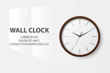 Vektör 3d Gerçekçi Basit Yuvarlak Kahverengi Ahşap Duvar Ofis Saati Beyaz Arkaplan 'da izole edilmiş. Tasarım Şablonu, Marka Model, Reklam. Ön Görünüm
