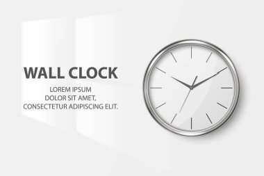 Vektör 3d Gerçekçi Basit Yuvarlak Gümüş Duvar Ofis Saati Beyaz Arka planda Beyaz Çevirmeli Kapalı Kapalı. Tasarım Şablonu, Marka Model, Reklam. Ön Görünüm