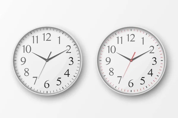 Векторний 3d реалістичний простий круглий білий настінний офісний годинник з білим набором піктограм набору крупним планом ізольовано на білому тлі. Шаблон дизайну, макет для брендингу, реклами. Передній або верхній перегляд — стоковий вектор