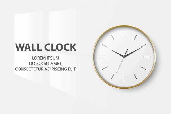 Vector 3d Realistic Simple Round Golden Wall Office Clock with White Dial Closeup Isolated on White Background. Design Template, Mock-up for Branding, Advertise. Front View — Stock Vector