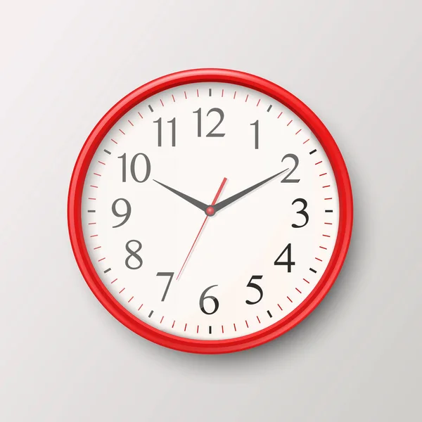 Векторные 3D реалистичные простые круглые часы Red Wall Office с белой иконкой крупным планом на белом фоне. Design Template, Mock-up for Branding, Advertise. Вид спереди или сверху — стоковый вектор