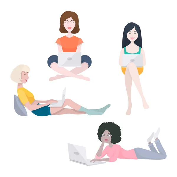 Inicio Trabajo, Coworking Space Concept. Beautiful Young Woman, Girl, Freelancers Trabajando en Laptops y Computadoras en Casa, en Cuarentena. Conjunto de caracteres aislados. Ilustración de dibujos animados de estilo plano vector — Vector de stock