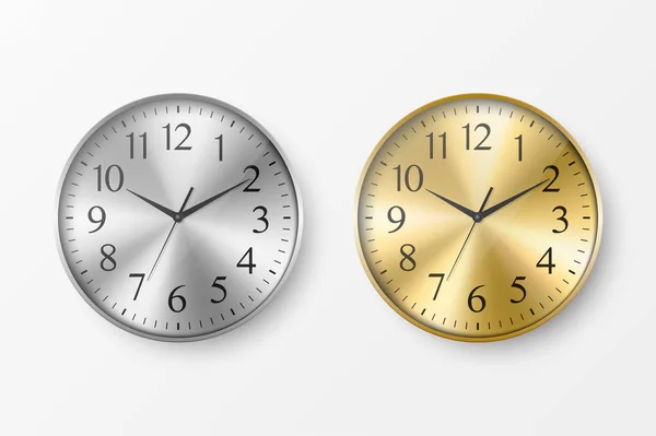 Vector 3D Realistic Simple Round Silver and Golden Wall Office Clock Icon Set Nahaufnahme Isoliert auf weißem Hintergrund. Design-Vorlage, Mock-up für Branding, Werbung. Ansicht von vorne oder von oben — Stockvektor