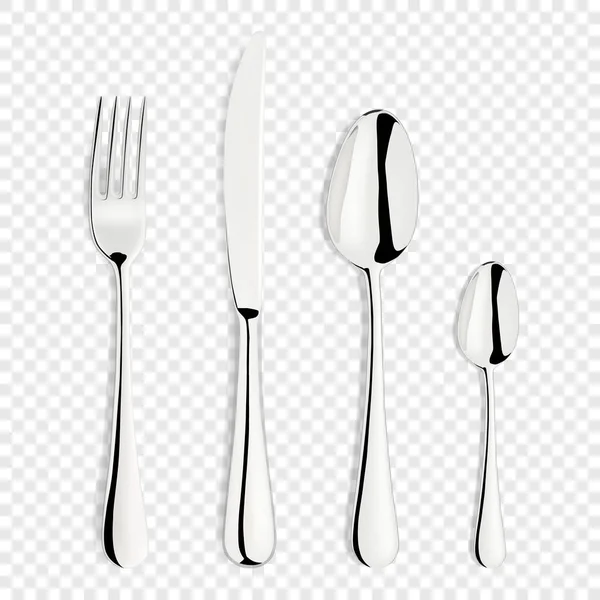 Vector 3d Realistic Metal, Silver, Stainless, Steel Fork, Spoon, Knife Icon Set Isolated on Transparent Background. Дизайн десерту — стоковий вектор