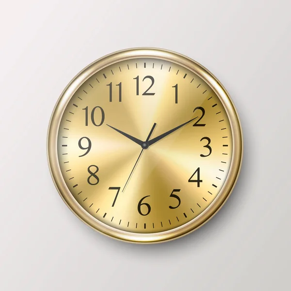 Vector 3d realistische eenvoudige ronde Golden Wall Office Clock Icon Closeup geïsoleerd op witte achtergrond. Design Template, Mock-up voor Branding, Adverteren. Voor- of bovenaanzicht — Stockvector