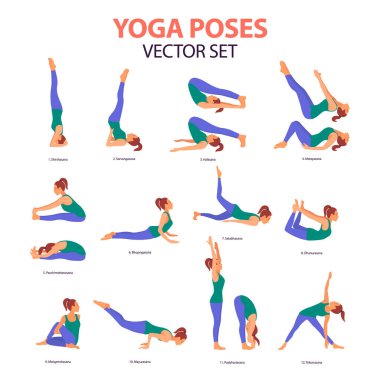 Düz Biçimli Kadın Yoga Simgesi. Çeşitli Yoga Pozisyonlarında Güzel Çizgi Kadın 'ın Vector Illustration' ı, Koleksiyon. Beyaz Arkaplanda İzole Edilmiş
