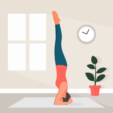 Düz Tarzlı Kadın Yogası. Shirshasana Yoga Pozu 'ndaki Güzel Çizgi Kadın' ın Vektör İllüstrasyonu. Ev Spor Konsepti