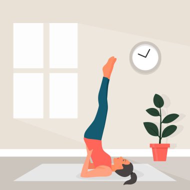 Düz Tarzlı Kadın Yogası. Sarvangasana Yoga Pozu 'nda Güzel Çizgi Kadın' ın Vektör İllüstrasyonu. Ev Spor Konsepti