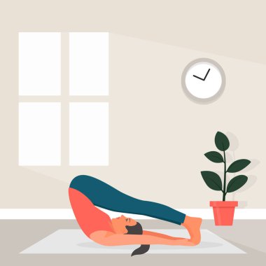 Düz Tarzlı Kadın Yogası. Halasana Yoga Pozu 'nda Güzel Çizgi Kadın' ın Vector Illustration 'ı. Ev Spor Konsepti