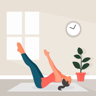 Düz Tarzlı Kadın Yogası. Matsyasana Yoga Pozu 'ndaki Güzel Çizgi Kadın' ın Vektör İllüstrasyonu. Ev Spor Konsepti