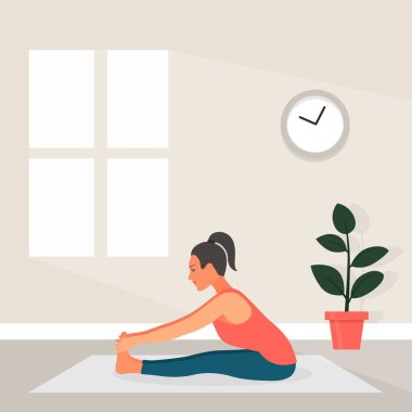 Düz Tarzlı Kadın Yogası. Paschimottanasana Yoga Pozu 'ndaki Güzel Çizgi Kadın' ın Vektör İllüstrasyonu. Ev Spor Konsepti