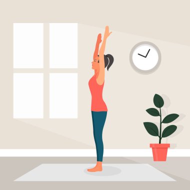 Düz Tarzlı Kadın Yogası. Padahastasana Yoga Pozu 'ndaki Güzel Çizgi Kadın' ın Vektör İllüstrasyonu. Ev Spor Konsepti