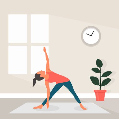 Düz Tarzlı Kadın Yogası. Trikonasana Yoga Pozu 'nda Güzel Çizgi Kadın' ın Vektör İllüstrasyonu. Ev Spor Konsepti