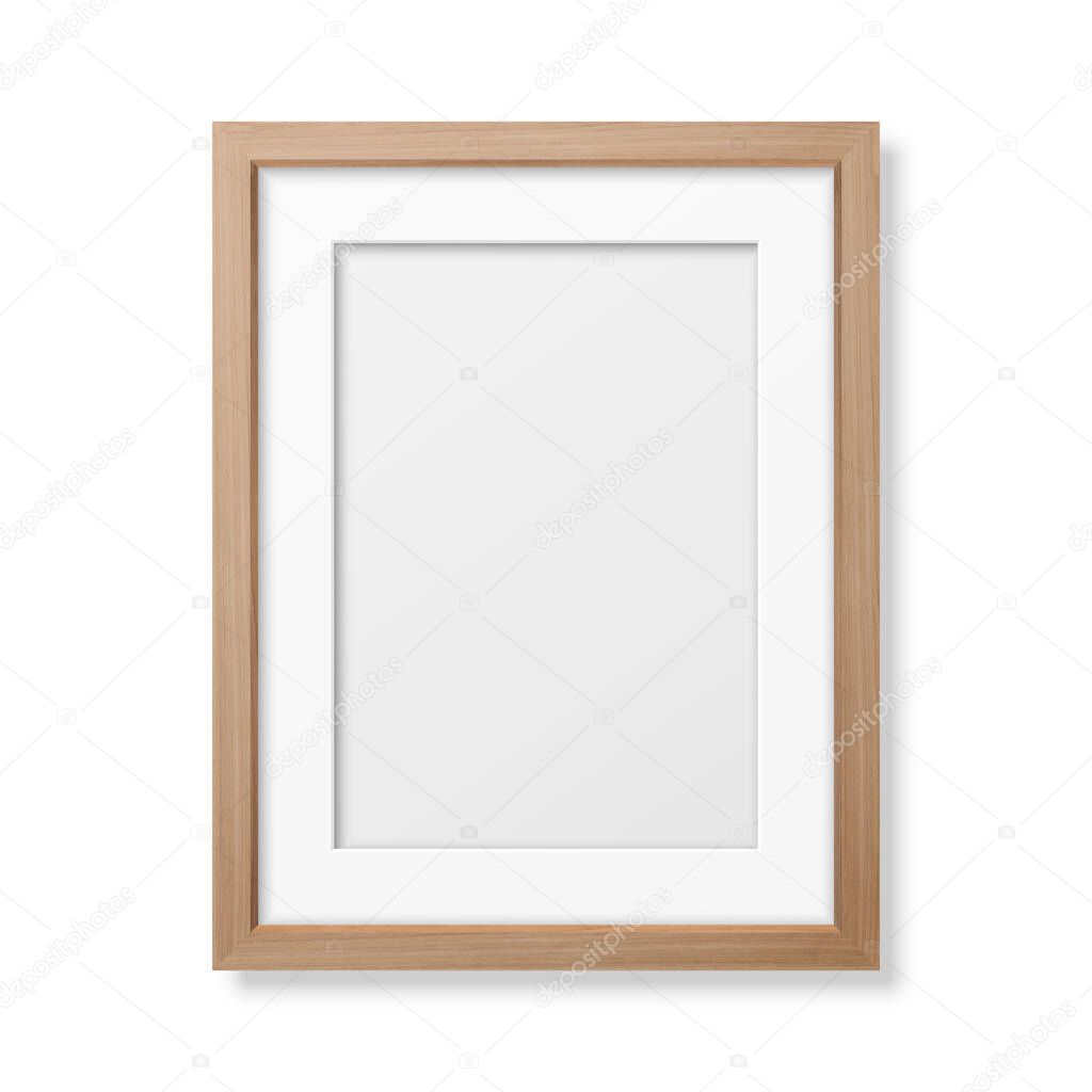 Vector 3d Realistic A4 Brown Wooden Simple Modern Frame Icon Closeup Isolated on White Wall Background with Window Light. It can be used for presentations. Design Template for Mockup, Front View