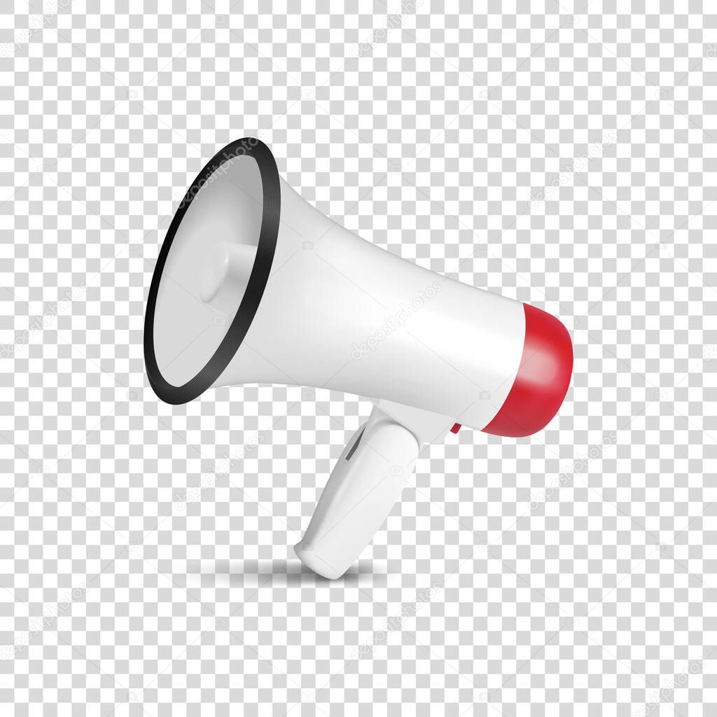 Vector Realistic 3d Simple White Megaphone Icon Closeup Isolated on Transparent Background. Design Template for Banner, Web