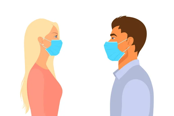 People, Man, Woman in the Respiratory Medical Masks Look at each other. Jarak, Karantina, Konsep Coronavirus. COVID-2019. Hubungan, Komunikasi, Cinta, Persahabatan, Pengiriman. Vektor Datar - Stok Vektor