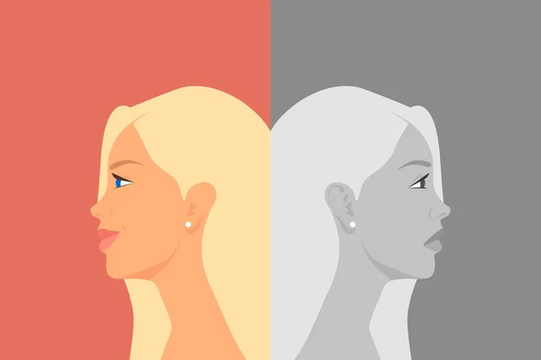 Hermosa mujer joven con trastorno bipolar. Alegre y triste, feliz e infeliz. Mujer de dos caras mostrando dos estados de ánimo diferentes euforia y depresión. Dibujos animados vectoriales en estilo plano. Vista lateral — Vector de stock