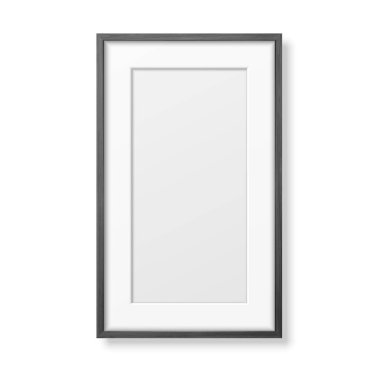 Vektör 3d Gerçekçi Dikey Kara Ahşap Basit Modern Çerçeve Kapanışı Beyaz Üzerine İzole Edildi. Sunumlar için kullanılabilir. Mockup için Tasarım Şablonu, Ön Görünüm