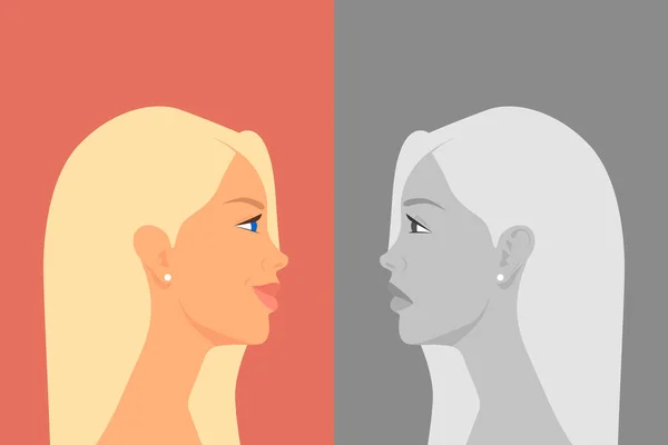 Beautiful Young Woman with Bipolar Disorder. Cheerful and Sad, Happy and Unhappy. Two-face Woman Showing Two Different Moods Euphoria and Depression. Vector Cartoon in Flat Style. Side View — Stock Vector