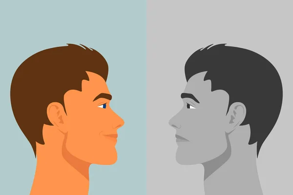 Belo jovem com transtorno bipolar. Alegre e triste, feliz e infeliz. Homem de duas caras mostrando dois modos diferentes euforia e depressão. Desenhos animados vetoriais em estilo plano. Vista lateral —  Vetores de Stock