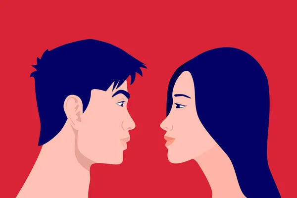 Asian People, Man and Woman Look at each Other in the Distance (en inglés). Cuarentena, Concepto de Coronavirus. COVID-2019. Relaciones, Comunicación, Amor, Amistad, Familia. Dibujos animados vectorial en estilo plano — Vector de stock