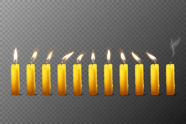 Vector 3d realista naranja parafina o velas ardientes de cera con diferente llama icono conjunto primer plano aislado sobre fondo transparente. Plantilla de diseño, Clipart — Archivo Imágenes Vectoriales