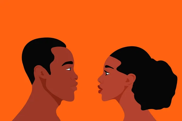 Black African People, Man and Woman Look at each Other in the Distance (en inglés). Cuarentena, Concepto de Coronavirus. COVID-2019. Relaciones, Comunicación, Amor, Amistad, Familia. Dibujos animados vectorial en estilo plano — Vector de stock