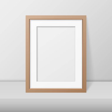 Vektör 3d Gerçekçi A4 Brown Basit Modern Çerçeve Beyaz Rafta ya da Masada Beyaz Duvara Karşı. Sunumlar için kullanılabilir. Mockup için Tasarım Şablonu, Ön Görünüm