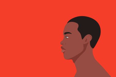Kızıl Arkaplanda Genç Afro Siyah Adam 'ın Portresi. Avatar. Erkek Karakteri. Çizgi film yüzü. Tek Kişilik. Vektör İllüstrasyonu