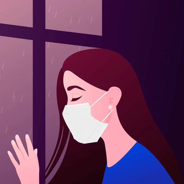Crying Sad Young Girl or Woman Closeup in the Respiratory Medical Protect Mask (dalam bahasa Inggris). Depresi, Stres, Karantina, Coronavirus, Konsep COVID-2019. Potret Vektor dalam Gaya Kartun Datar, Ilustrasi - Stok Vektor