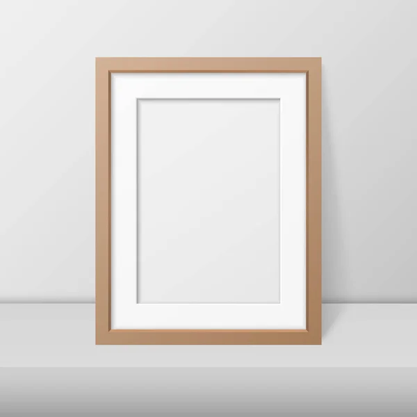 Marco moderno simple de madera marrón realista A4 del vector 3d en un estante blanco o tabla contra una pared blanca. Se puede utilizar para presentaciones. Plantilla de diseño para Mockup, Vista frontal — Vector de stock
