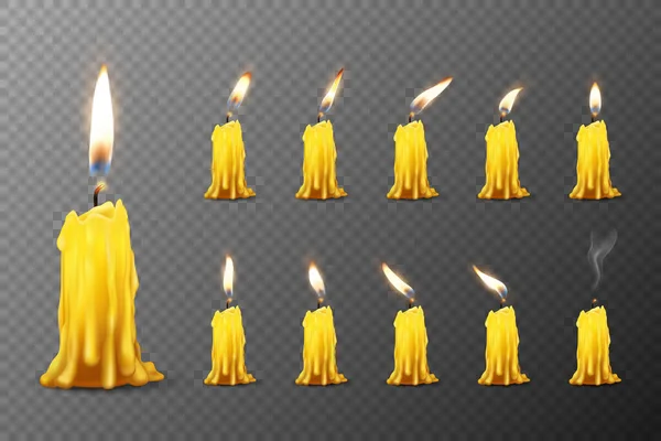 Vector 3d realista naranja parafina o velas ardientes de cera con diferente llama icono conjunto primer plano aislado sobre fondo transparente. Plantilla de diseño, Clipart — Vector de stock