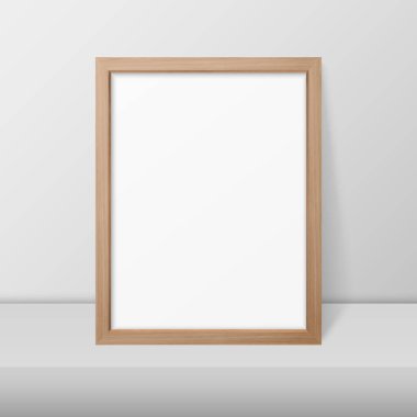 Vektör 3d Gerçekçi A4 Brown Basit Modern Çerçeve Beyaz Rafta ya da Masada Beyaz Duvara Karşı. Sunumlar için kullanılabilir. Mockup için Tasarım Şablonu, Ön Görünüm