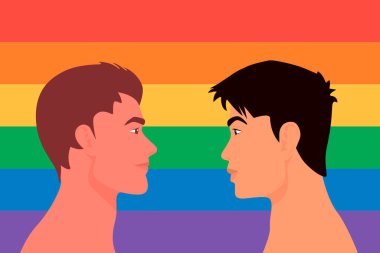 LGBT Bayrak Arkaplanda Birbirlerine Bakan Sevimli İki Genç Erkek ve Gey Çiftin Portresi. Romantik Partner, Eşcinsel İlişkiler Konsepti. Sevgiler, Sevgililer Günü. Vektör Karikatür, Düz Stil. Yan Görünüm