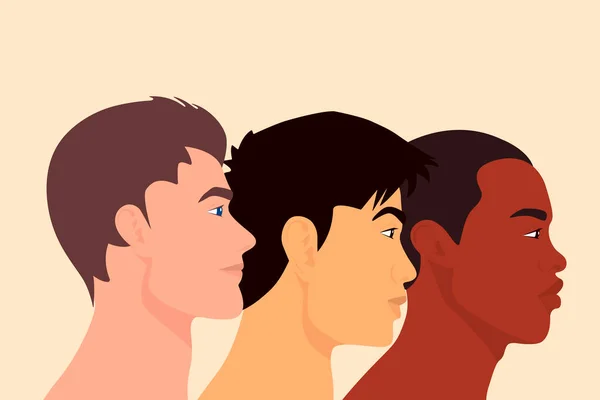 Three Multy Ethnic Men of Different Nationalities Standing Together. Friendship of Peoples, LGBT, Gay, Racial Equality Concept. Empowerment Movement. Struggle for Freedom. Vector. Side View — Stock Vector