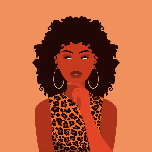 Mooie Brunette verwarde zwarte Afro denkende vrouw, jonge dame, meisje op zoek naar kant. Perceptie, reflectie, maak een keuze concept. Hand bij het gezicht. Vector Illustratie. Portret, Avatar. Vooraanzicht — Stockvector