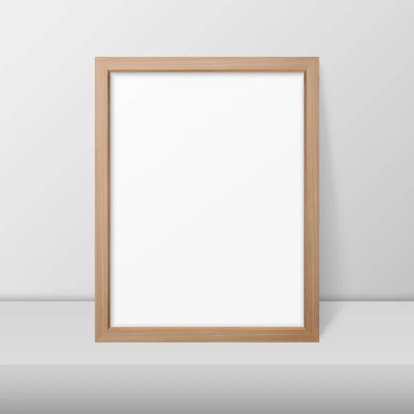 Vector 3d Realist A4 Brown Wooden Simple Modern Frame on a White Shelf or Table Against a White Wall Його можна використовувати для презентацій. Дизайн шаблон для Mockup, вид спереду — стоковий вектор