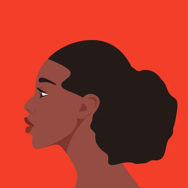 Portret młodej Atrakcyjnej Pięknej Afro Black Woman, Dziewczyna na czerwonym tle. Awatar. Kobiecy charakter. Kreskówkowa Twarz. Samotna osoba. Ilustracja wektora. Widok z boku — Wektor stockowy