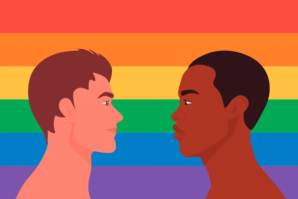 Portrait of Cute Two Young Men, Gay Couple Look at Each Other on LGBT Flag Background. Romantic Partner, Homosexual Relationship Concept. Love, Valentine s Day. Vector Cartoon, Flat Style. Side View — Stock Vector